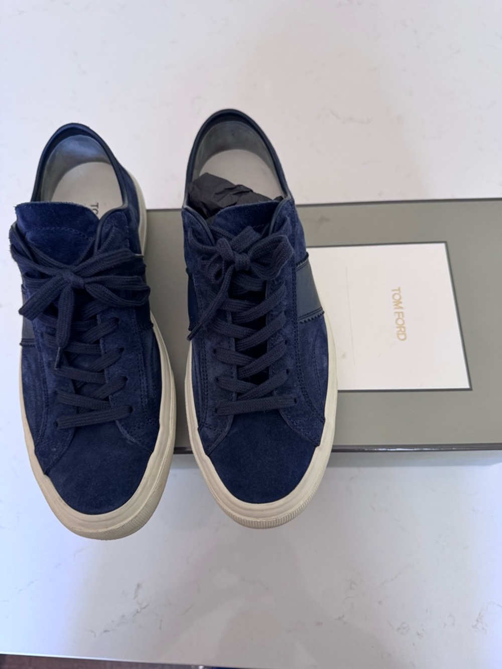 Tom Ford Navy Suede Low-Top Sneakers with Cream Soles